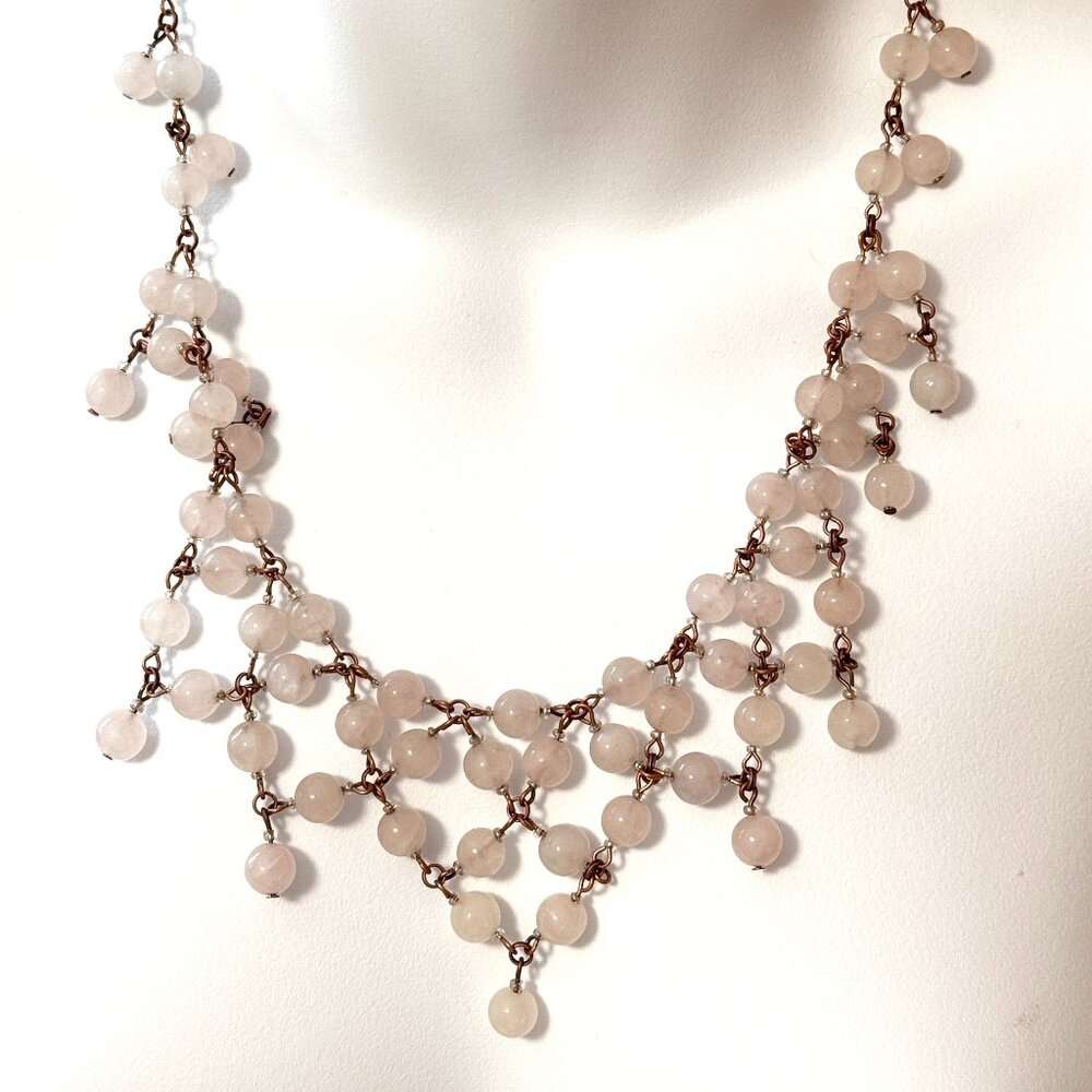 Genuine Rose Quartz Chandelier Necklace, Natural Gemstones Bib Matinee Necklace